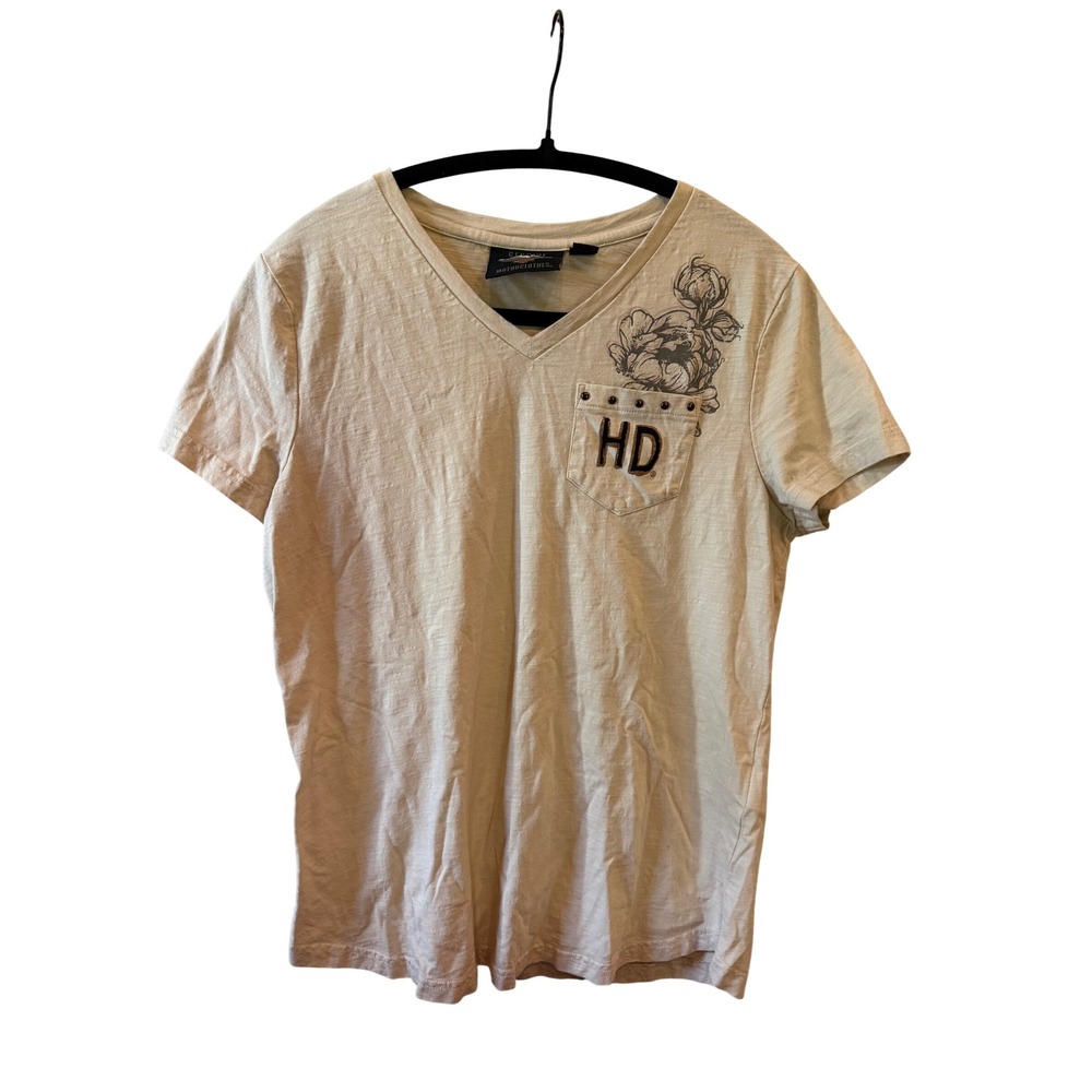 Harley-Davidson Womens Cream V-Neck Graphic T-Shirt Eagle Studded Pocket M